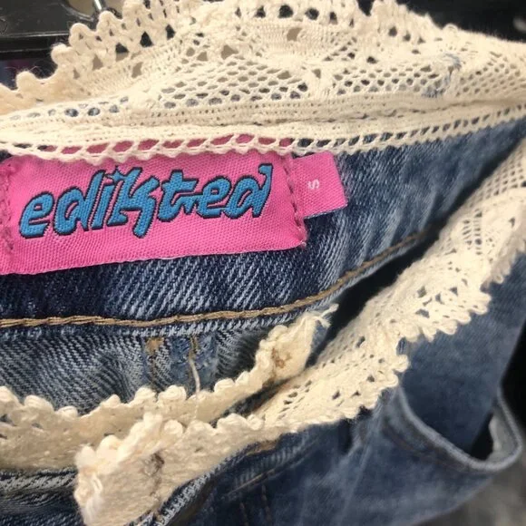 Edikted Wide Leg Jeans, Blue Washed Denim High Lace Trim "S" - Picture 2 of 12